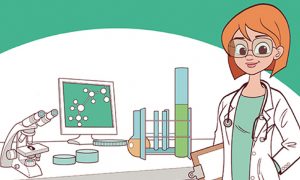 Cartoon drawing of a scientist communicating the benefits of stem cell collection and storage
