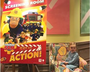 My daughter next to the Fireman Sam Set For Action screening board