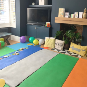 Our living room set up for the Dandelion and Clover Yoga Party