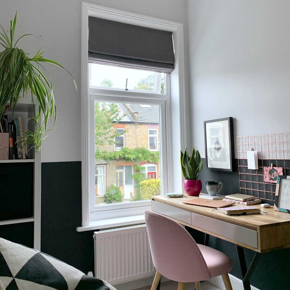 The finished home office space with colour blocked walls. 