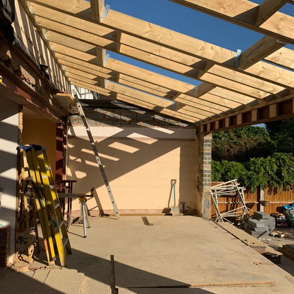 The extension roof being built. 