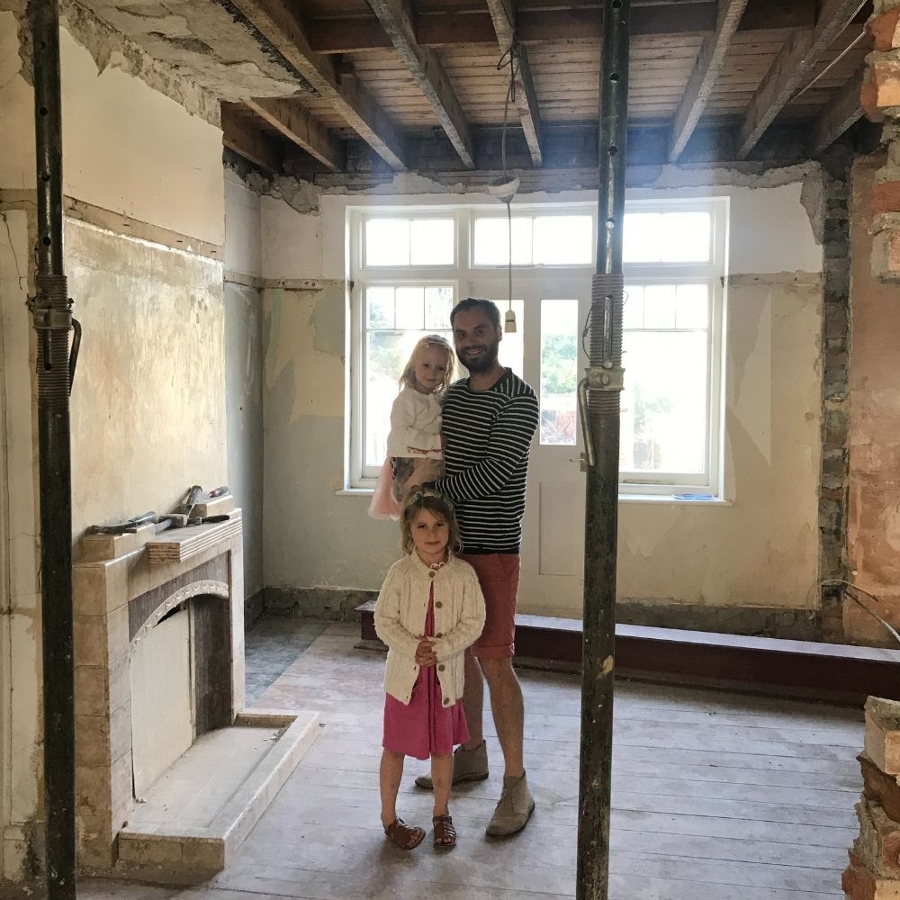 Katie's family at home during the renovation works. 