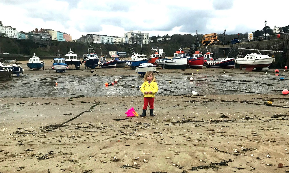 My daughter at 32 months old on Tenby Harbour Beach
